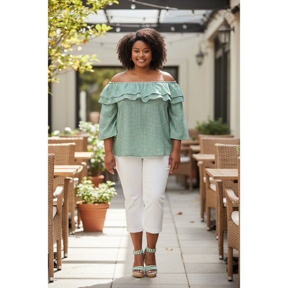 Cato Tops - Cato Women's Green & White Checkered Pattern Off-The-Shoulder Ruffled Neckline T